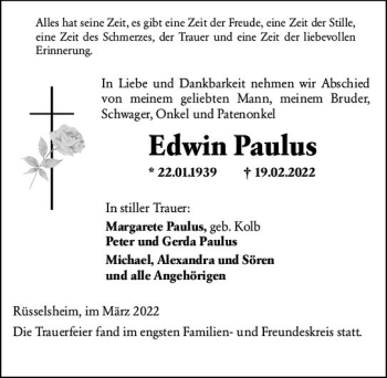 Traueranzeige von Edwin Paulus von vrm-trauer Rüsselsheimer Echo / MainSpitze