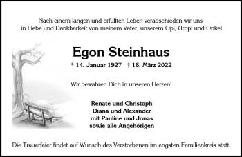 Traueranzeige von Egon Steinhaus von vrm-trauer Wiesbadener Kurier