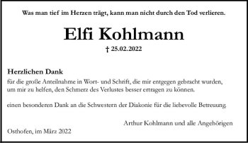 Traueranzeige von Elfi Kohlmann von vrm-trauer Wormser Zeitung