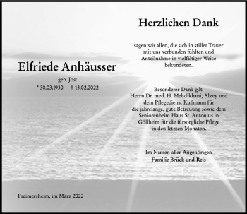 Traueranzeige von Elfriede Anhäusser von vrm-trauer Allgemeine Zeitung Alzey