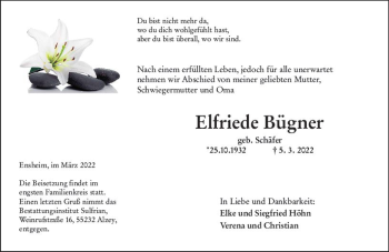 Traueranzeige von Elfriede Bügner von vrm-trauer Allgemeine Zeitung Alzey