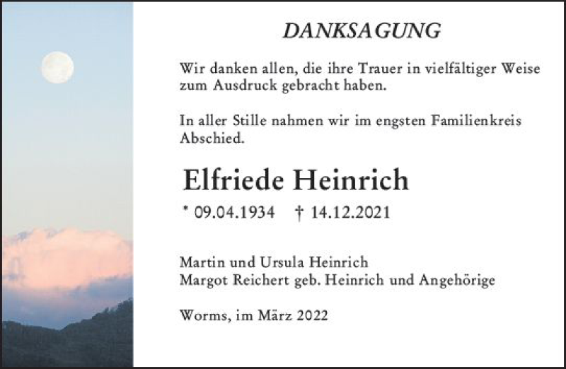  Traueranzeige für Elfriede Heinrich vom 26.03.2022 aus vrm-trauer Wormser Zeitung