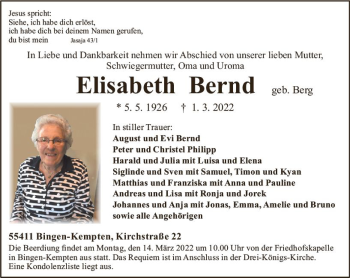 Traueranzeige von Elisabeth Bernd von vrm-trauer Allgemeine  Zeitung Ingelheim-Bingen