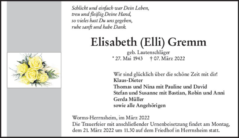  Traueranzeige für Elisabeth Gremm vom 18.03.2022 aus vrm-trauer Wormser Zeitung