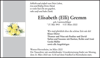Traueranzeige von Elisabeth Gremm von vrm-trauer Wormser Zeitung