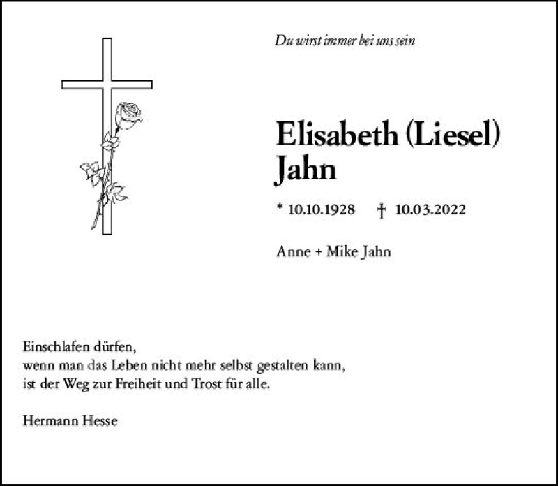  Traueranzeige für Elisabeth Jahn vom 19.03.2022 aus vrm-trauer DieburgerAnzeiger/Groß-Zimmerner Lokala