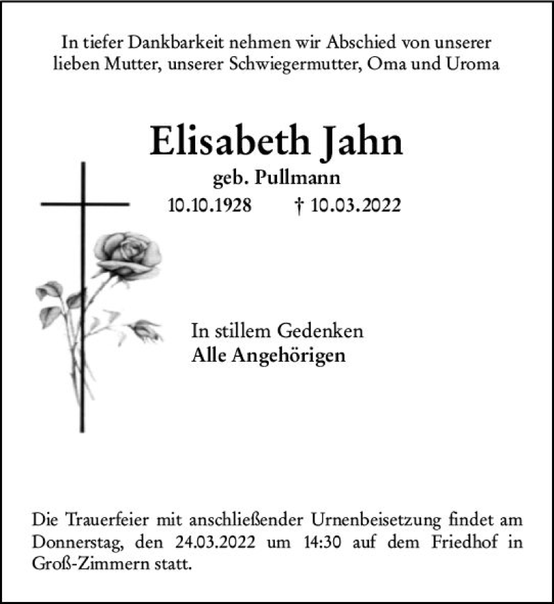  Traueranzeige für Elisabeth Jahn vom 19.03.2022 aus vrm-trauer DieburgerAnzeiger/Groß-Zimmerner Lokala