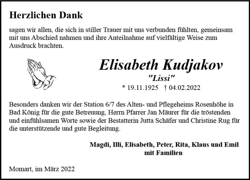  Traueranzeige für Elisabeth Kudjakov vom 12.03.2022 aus vrm-trauer Odenwälder Echo