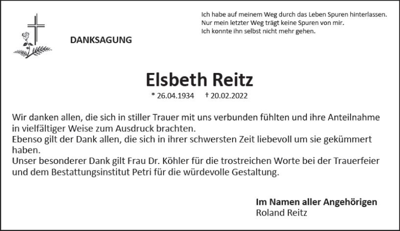  Traueranzeige für Elsbeth Reitz vom 26.03.2022 aus vrm-trauer Rüsselsheimer Echo / MainSpitze