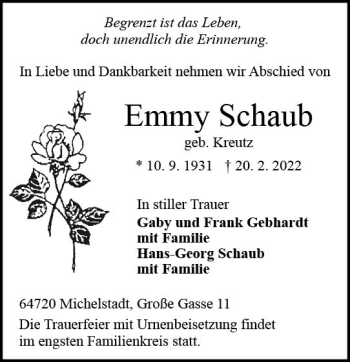 Traueranzeige von Emmy Schaub von vrm-trauer Odenwälder Echo