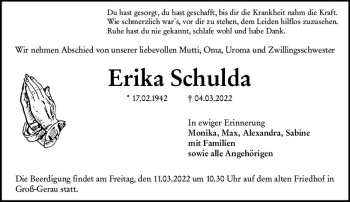 Traueranzeige von Erika Schulda von vrm-trauer Groß-Gerauer Echo