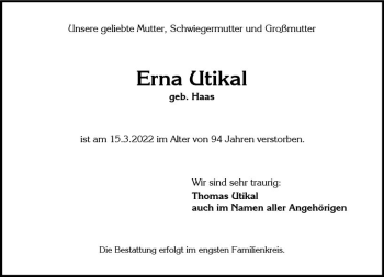 Traueranzeige von Erna Utikal von vrm-trauer Wiesbadener Kurier