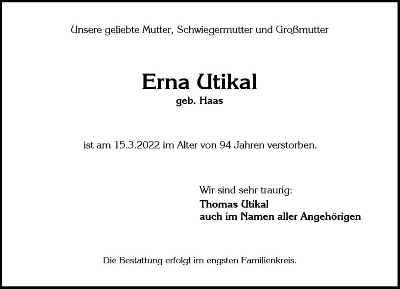  Traueranzeige für Erna Utikal vom 26.03.2022 aus vrm-trauer Wiesbadener Kurier