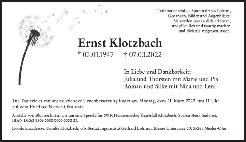  Traueranzeige für Ernst Klotzbach vom 19.03.2022 aus vrm-trauer Allgemeine Zeitung Alzey