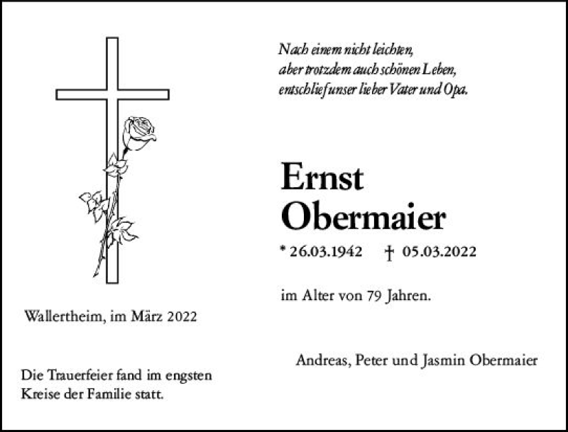  Traueranzeige für Ernst Obermaier vom 25.03.2022 aus vrm-trauer Allgemeine Zeitung Alzey