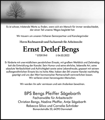 Traueranzeige von Ernst Detlef Bengs von vrm-trauer Darmstädter Echo