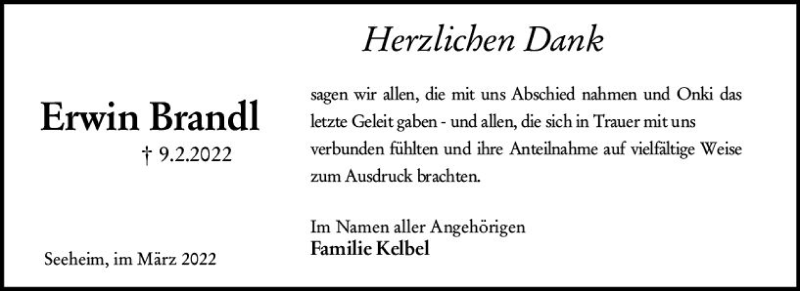  Traueranzeige für Erwin Brandl vom 05.03.2022 aus vrm-trauer Darmstädter Echo