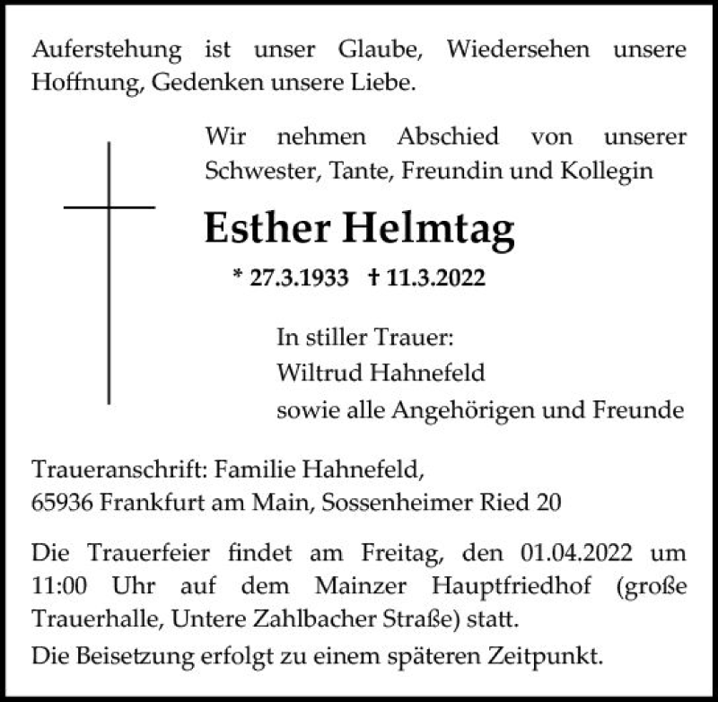  Traueranzeige für Esther Helmtag vom 26.03.2022 aus vrm-trauer AZ Mainz