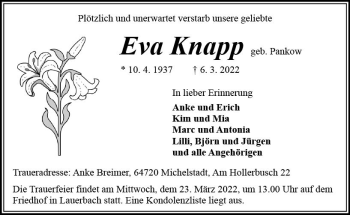 Traueranzeige von Eva Knapp von vrm-trauer Odenwälder Echo