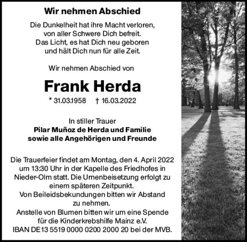  Traueranzeige für Frank Herda vom 26.03.2022 aus vrm-trauer AZ Mainz