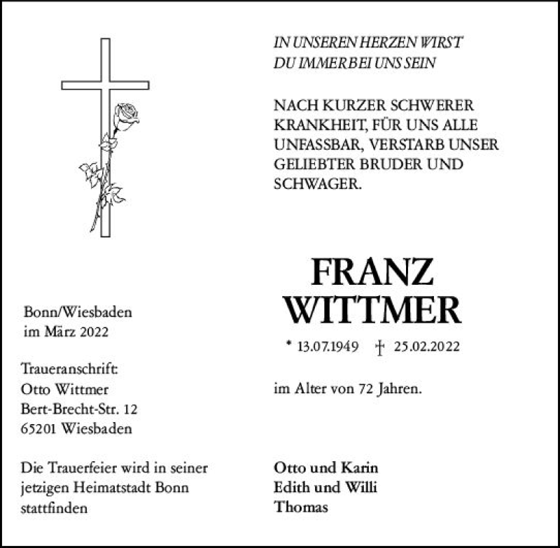  Traueranzeige für Franz Wittmer vom 05.03.2022 aus vrm-trauer Wiesbadener Kurier