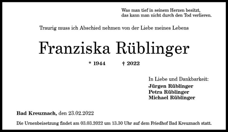  Traueranzeige für Franziska Rüblinger vom 02.03.2022 aus vrm-trauer Allg. Zeitung Bad Kreuznach