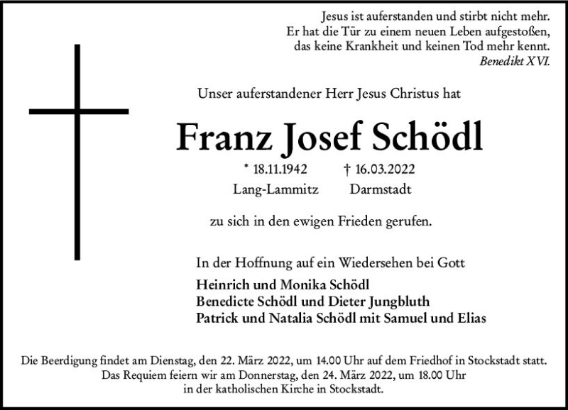  Traueranzeige für Franz Josef Schödl vom 19.03.2022 aus vrm-trauer Groß-Gerauer Echo