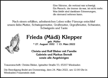 Traueranzeige von Frieda Klepper von vrm-trauer Wiesbadener Kurier