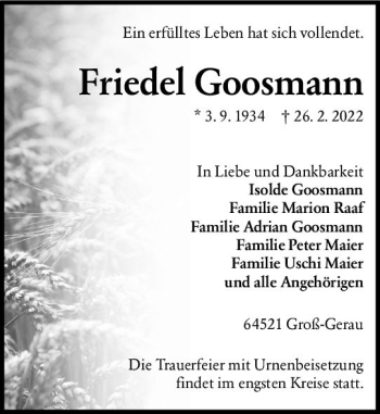 Traueranzeige von Friedel Goosmann von vrm-trauer Groß-Gerauer Echo