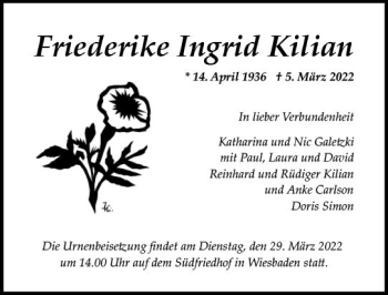 Traueranzeige von Friederike Ingrid Kilian von vrm-trauer Wiesbadener Kurier