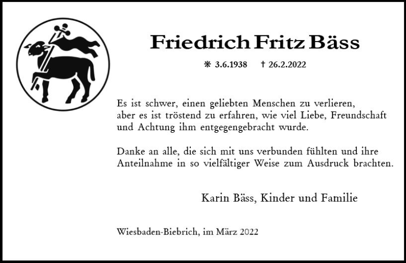  Traueranzeige für Friedrich Fritz Bäss vom 26.03.2022 aus vrm-trauer Wiesbadener Kurier
