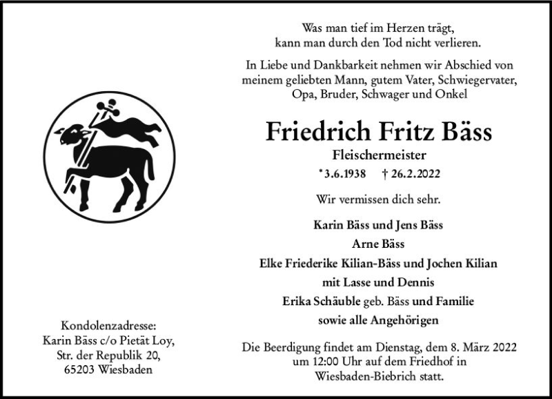  Traueranzeige für Friedrich Fritz Bäss vom 05.03.2022 aus vrm-trauer Wiesbadener Kurier