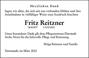 Traueranzeige von Fritz Reitzner von vrm-trauer Darmstädter Echo