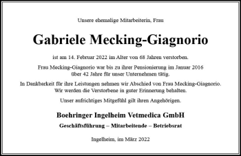 Traueranzeige von Gabriele Mecking-Giagnorio von vrm-trauer Allgemeine  Zeitung Ingelheim-Bingen