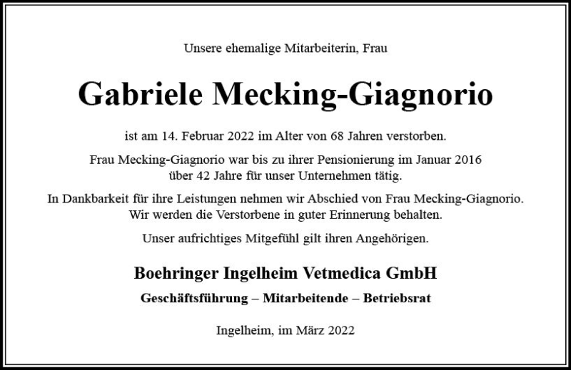  Traueranzeige für Gabriele Mecking-Giagnorio vom 08.03.2022 aus vrm-trauer Allgemeine  Zeitung Ingelheim-Bingen