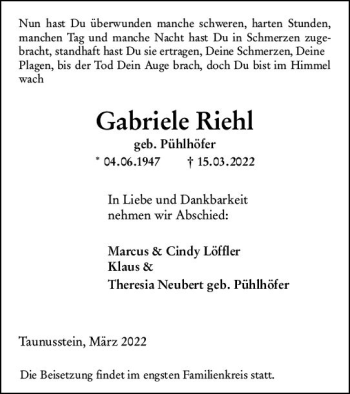 Traueranzeige von Gabriele Riehl von vrm-trauer Wiesbadener Kurier