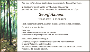 Traueranzeige von Georg Habann von vrm-trauer AZ Mainz