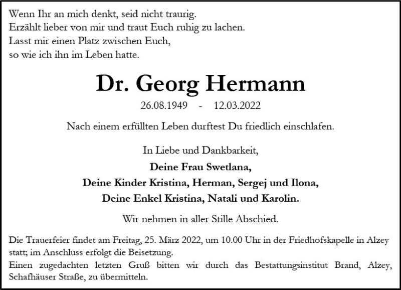  Traueranzeige für Georg Hermann vom 19.03.2022 aus vrm-trauer Allgemeine Zeitung Alzey