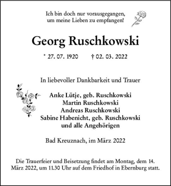 Traueranzeige von Georg Ruschkowski von vrm-trauer Allg. Zeitung Bad Kreuznach