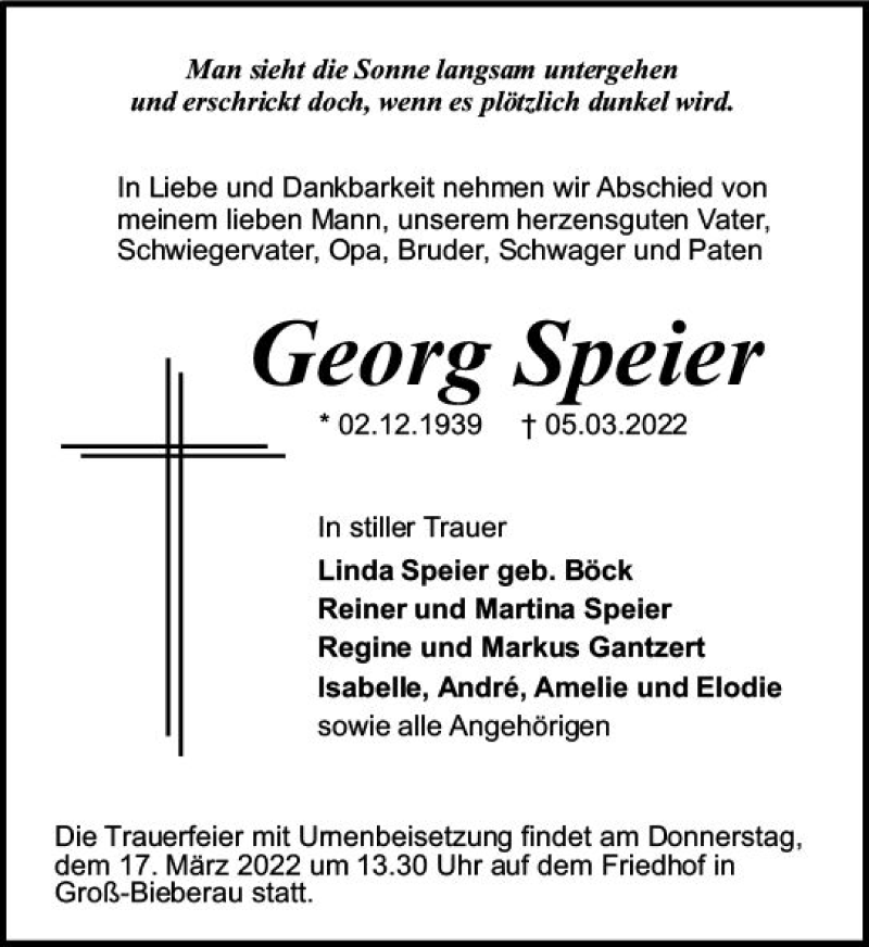  Traueranzeige für Georg Speier vom 12.03.2022 aus vrm-trauer Darmstädter Echo