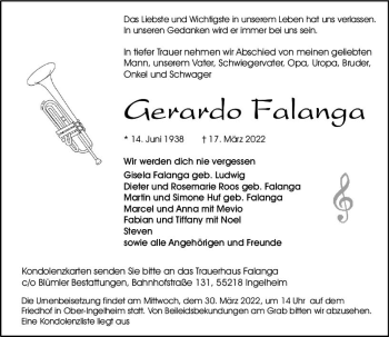 Traueranzeige von Gerardo Falanga von vrm-trauer Allgemeine  Zeitung Ingelheim-Bingen