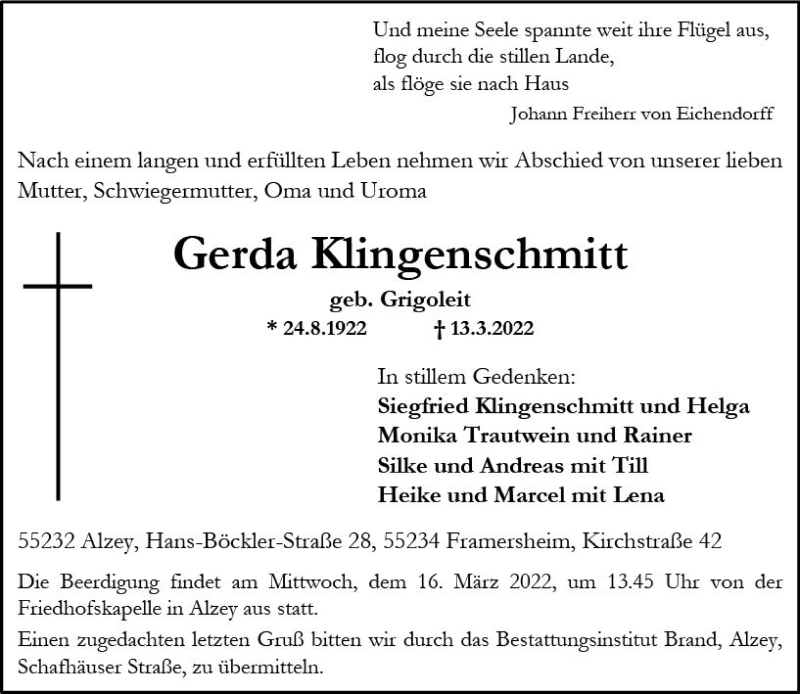  Traueranzeige für Gerda Klingenschmitt vom 15.03.2022 aus vrm-trauer Allgemeine Zeitung Alzey
