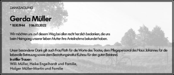 Traueranzeige von Gerda Müller von vrm-trauer Bürstädter/Lamperth. Ztg/Starkenburger