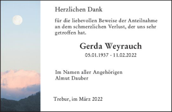 Traueranzeige von Gerda Weyrauch von vrm-trauer Rüsselsheimer Echo / MainSpitze