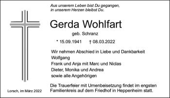 Traueranzeige von Gerda Wohlfart von vrm-trauer Bergsträßer Anzeiger