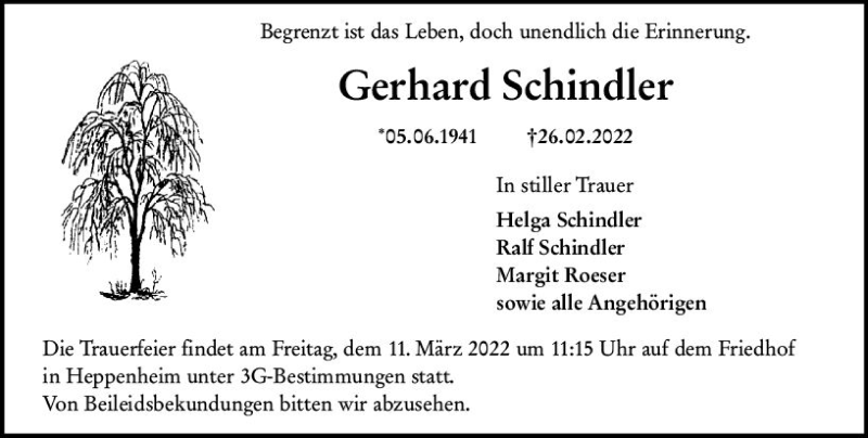  Traueranzeige für Gerhard Schindler vom 09.03.2022 aus vrm-trauer Bürstädter/Lamperth. Ztg/Starkenburger
