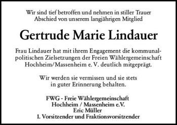 Traueranzeige von Gertrude Marie Lindauer von vrm-trauer Hochheimer Zeitung