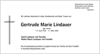 Traueranzeige von Gertrude Marie Lindauer von vrm-trauer Hochheimer Zeitung