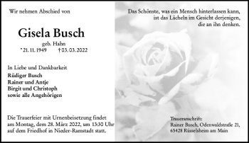 Traueranzeige von Gisela Busch von vrm-trauer Darmstädter Echo