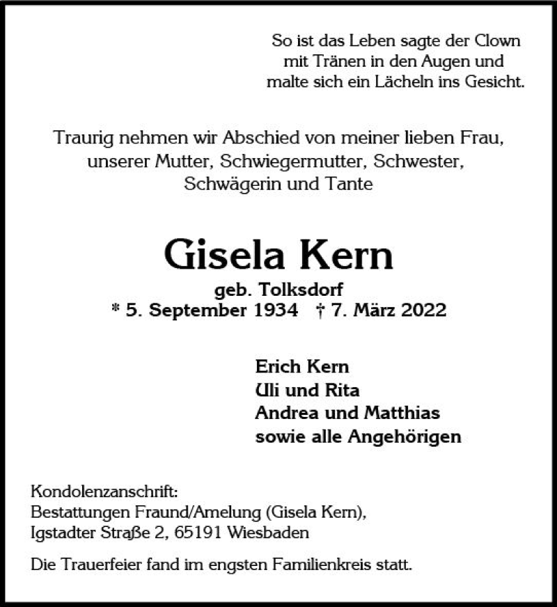 Traueranzeige für Gisela Kern vom 19.03.2022 aus vrm-trauer Wiesbadener Kurier